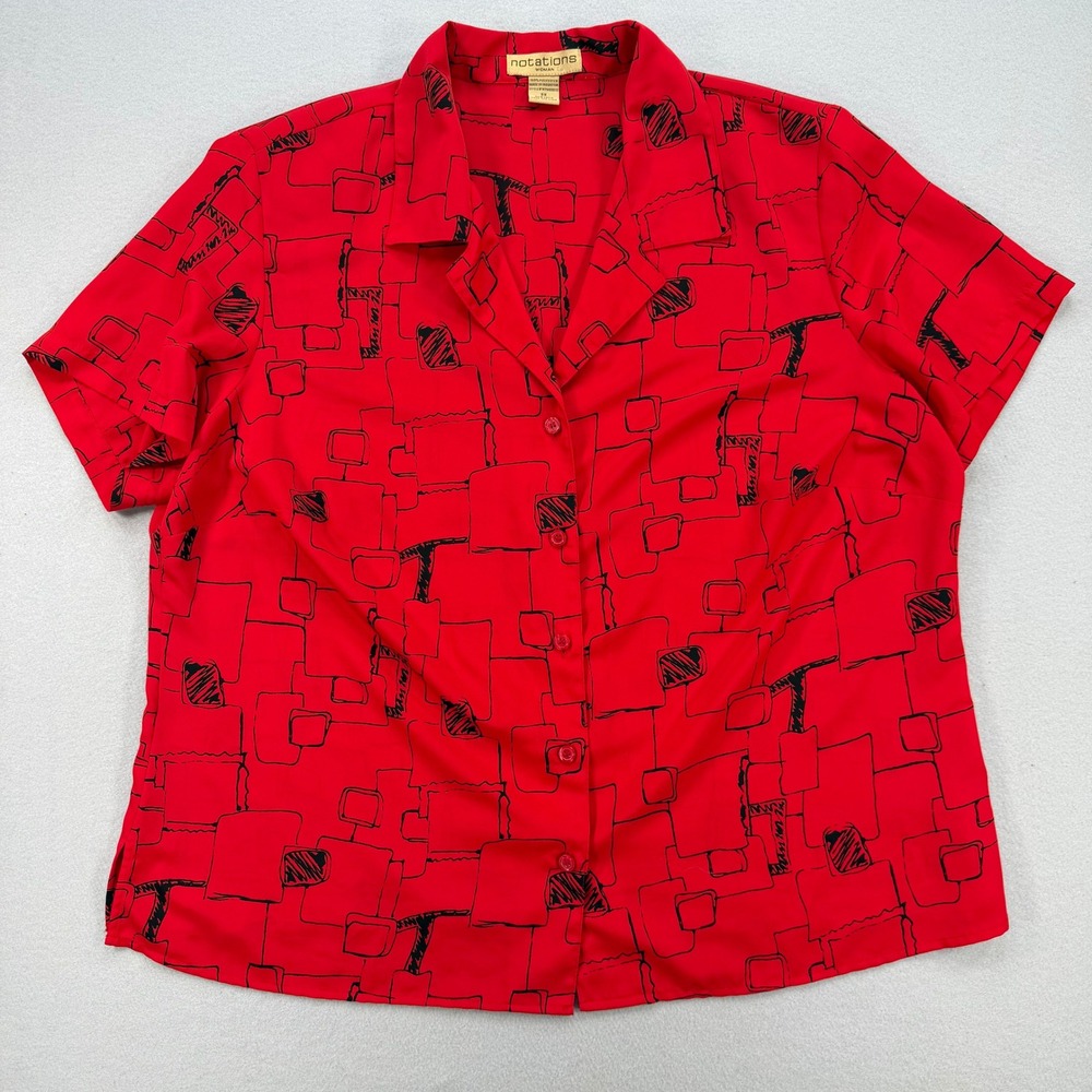 Notations 1X Silky Blouse Women Red Abstract Geometric Retro Short Sleeve Top
